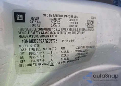 2010 Chevrolet Tahoe Lt z USA, uszkodzony, nr VIN 1GNMCBE39AR205778